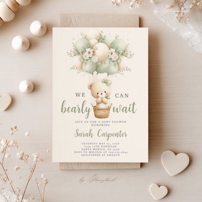 Convite Sage Green Bear Baby Shower Boy Invitation (Criador carregado)