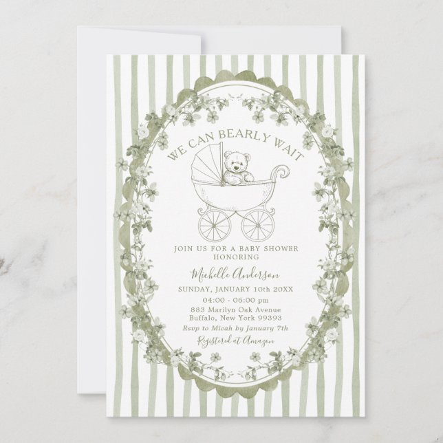 Convite Sage Green Bear Baby Shower Invitation (Frente)