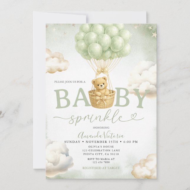 Convite Sage Green Bear Cloud Balloon Baby Shower (Frente)