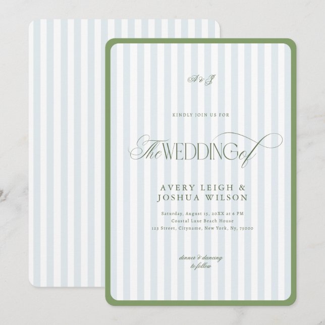 Convite Sage Green & Blue Border Coastal Stripes Wedding (Frente/Verso)
