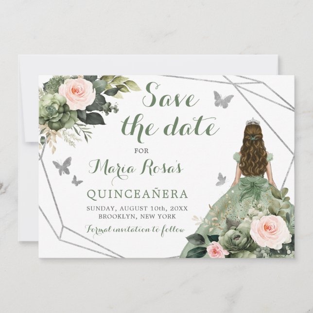 Convite Sage Green Blush Cor-de-Rosa, Quinceañera (Frente)