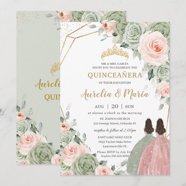 Convite Sage Green Blush Dourado Quinceañera Gêmeos Florai (Frente/Verso)