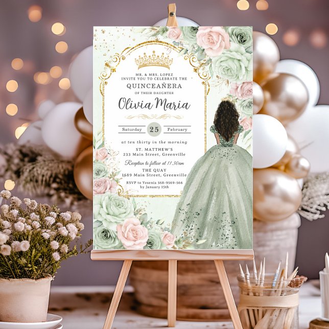 Convite Sage Green Blush Floral Brown Girl Quinceañera (sage green blush pink floral flowers gold quinceanera brown black curly hair girl sweet 16 invites)