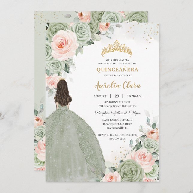 Convite Sage Green Blush Floral Dourada Quinceañera Sweet  (Frente/Verso)
