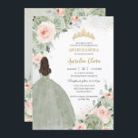 Convite Sage Green Blush Floral Dourada Quinceañera Sweet<br><div class="desc">Este convite para a Quinceañera apresenta cor d'água verde, floral, verde-senso macio e uma garota com um lindo vestido verde-sábio. Personalize-o com seus detalhes de forma fácil e rápida, basta pressionar o botão personalizar para reorganizar e formatar o estilo e a colocação do texto. Também excelente para Sweet 16! c)...</div>