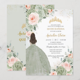 Convite Sage Green Blush Floral Dourada Quinceañera Sweet 