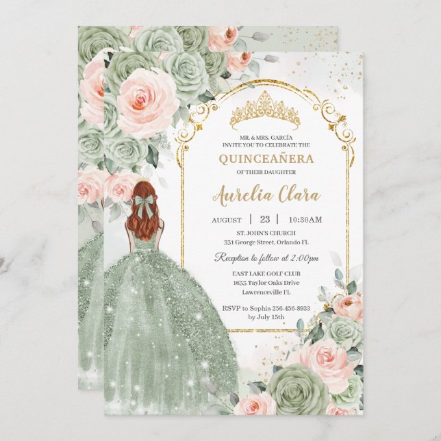 Convite Sage Green Blush Floral Dourada Quinceañera Sweet  (Frente/Verso)