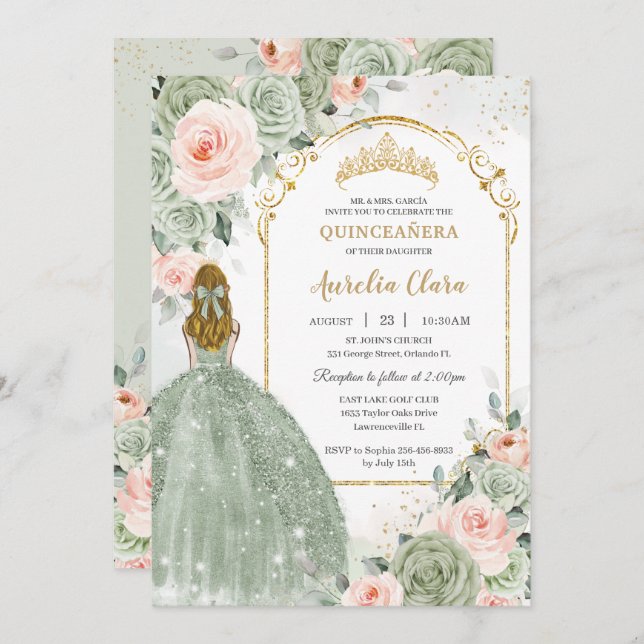 Convite Sage Green Blush Floral Dourada Quinceañera Sweet  (Frente/Verso)