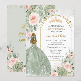 Convite Sage Green Blush Floral Dourada Quinceañera Sweet 