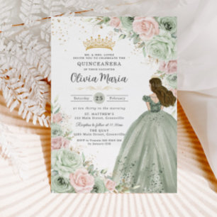 Convite Sage Green Blush Rosa Princesa Floral Rosa Quincea