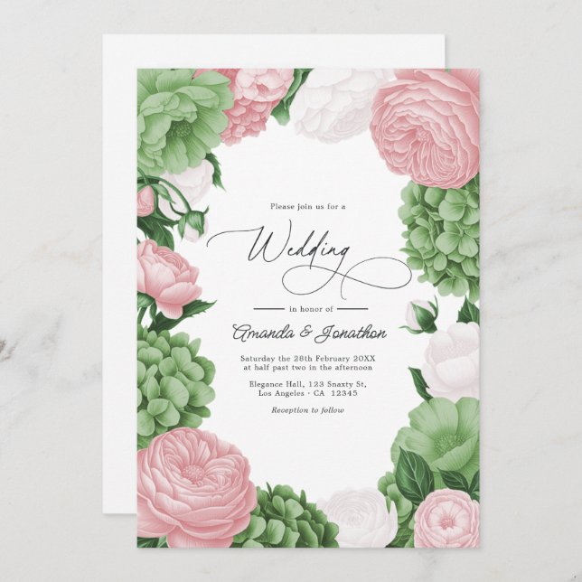 Convite Sage Green, Blush & White Floral Wedding (Frente/Verso)