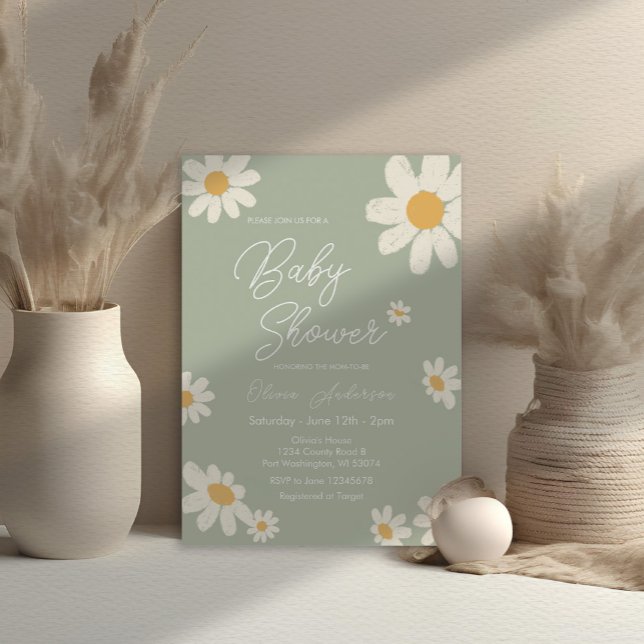 Convite Sage Green Boho Daisy Flores Baby Shower (Criador carregado)