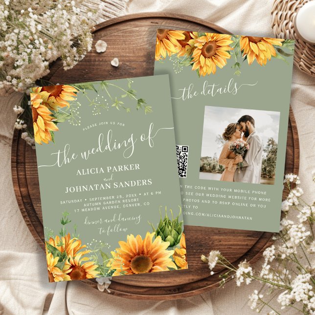 Convite Sage green boho floral sunflower wedding (Criador carregado)