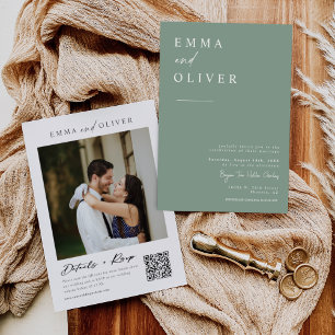 Convite Sage Green Boho Foto de Casamento Mínimo Código QR