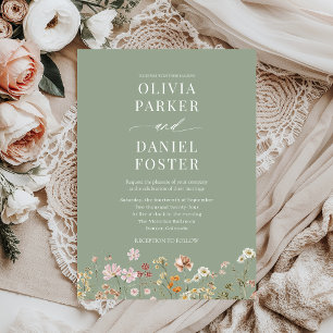 Convite Sage Green Boho Wildflower Casamento Minimalista