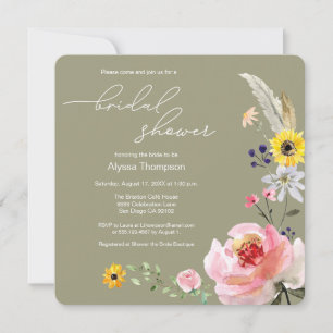 Convite Sage green Boho Wildflower Chá de panela