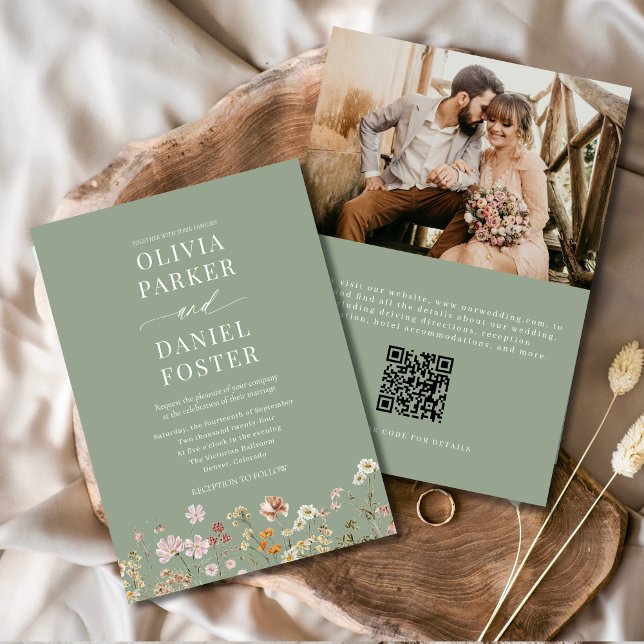 Convite Sage Green Boho Wildflower Código QR Casamento de  (Criador carregado)