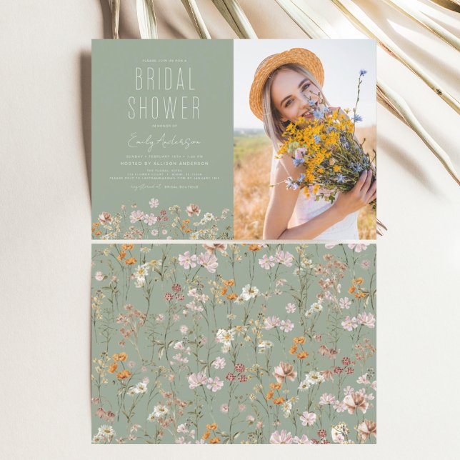 Convite Sage Green Boho Wildflower Photo (Criador carregado)