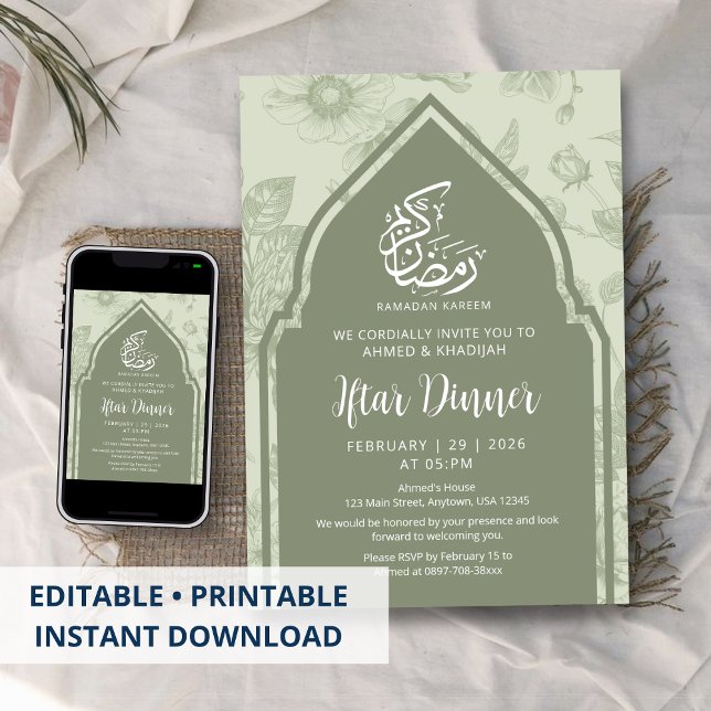 Convite Sage Green Botanical Arch Ramadan Iftar Invitation (Criador carregado)