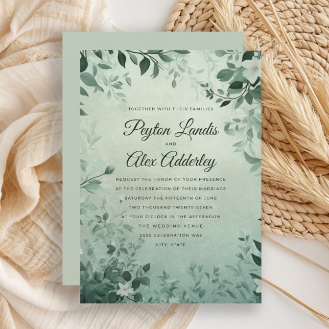 Convite Sage Green Botanical Deixa Watercolor Casamento (Sage green leaves botanical wedding invitation)