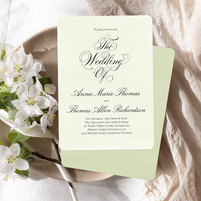 Convite Sage Green Botanical Elegant Minimal Wedding Of  (Sage green elegant script invitation with minimalist and timeless layout.)