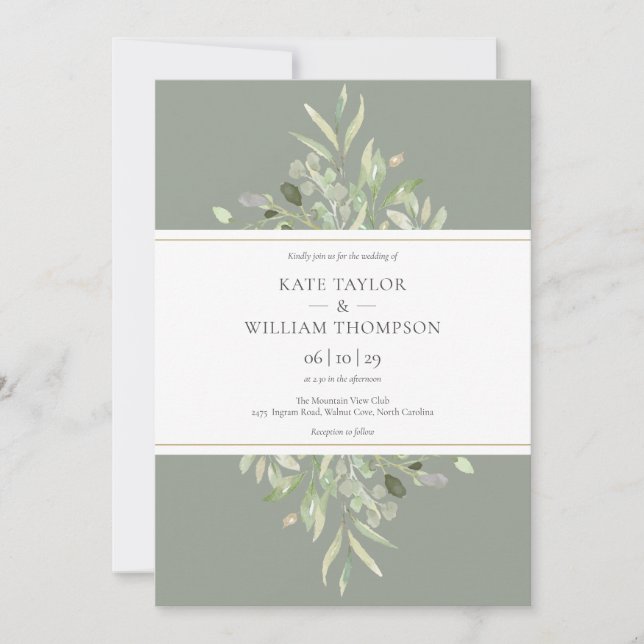 Convite Sage Green Botanical Greenery Wedding  (Frente)