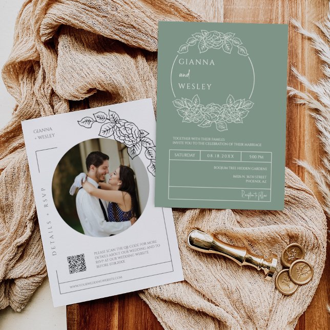 Convite Sage Green Botanical Line Art Boho Código QR Foto (Criador carregado)