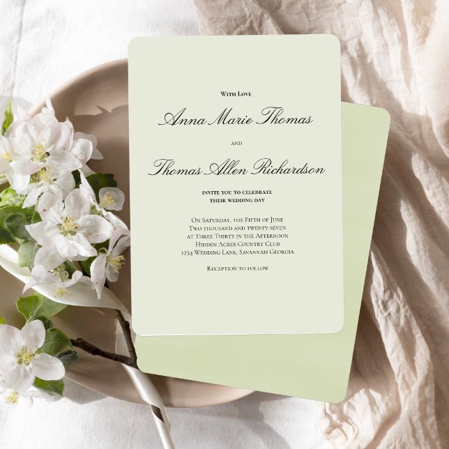 Convite Sage Green Botanical Modern Script Wedding (Elegant sage green script invitation with soft, romantic minimalist design.)