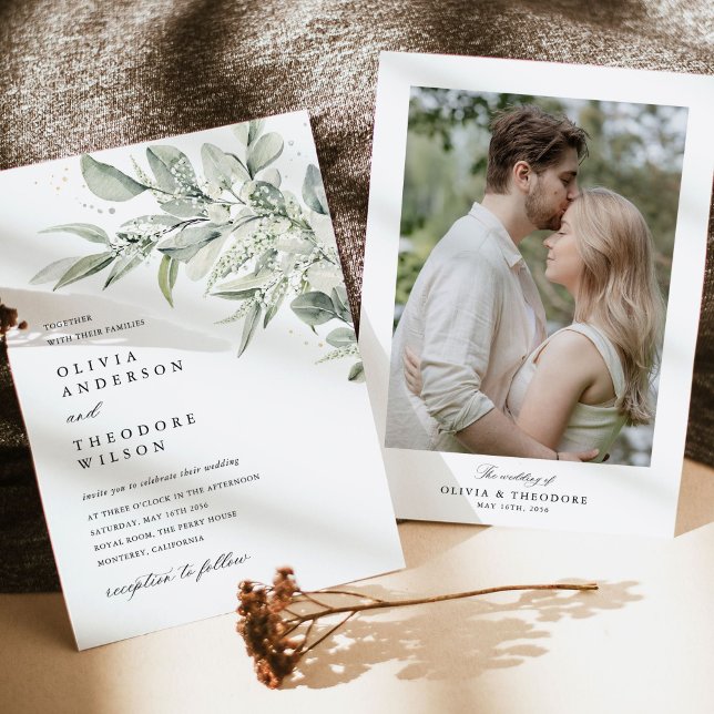 Convite Sage Green Botanical Photo Back Wedding (Sage green botanical photo back wedding invitation, watercolor greenery, elegant wedding stationery)
