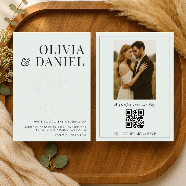 Convite Sage Green Botanical Photo QR Code Wedding (Criador carregado)