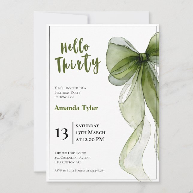 Convite Sage Green Bow 30th Birthday Invitation (Frente)