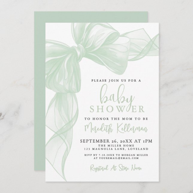 Convite Sage Green Bow Baby Shower (Frente/Verso)