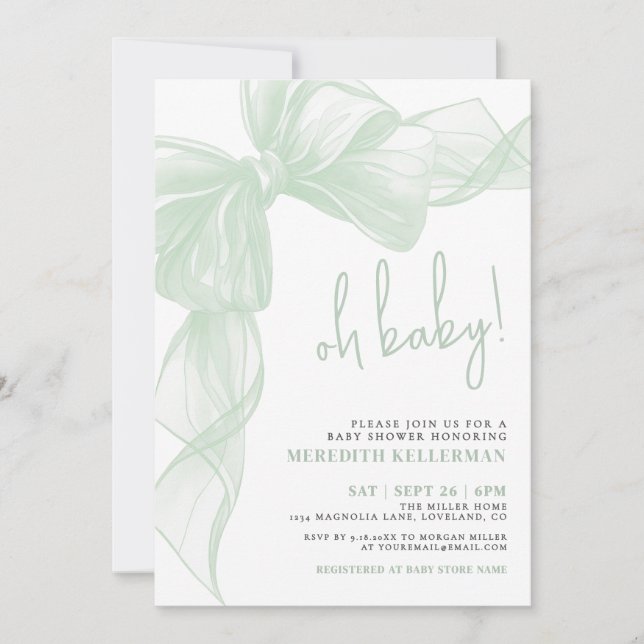 Convite Sage Green Bow Baby Shower (Frente)