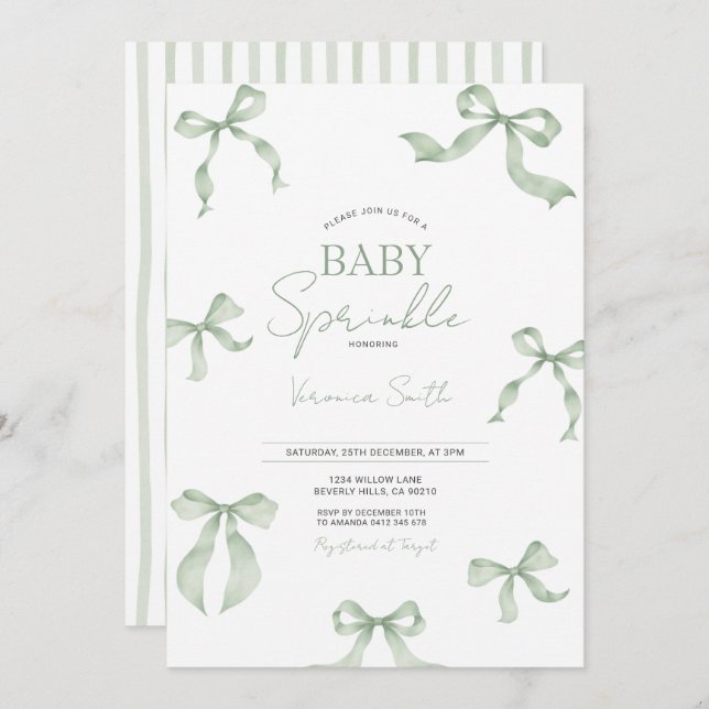 Convite Sage Green Bow Baby Sprinkle Invitation (Frente/Verso)