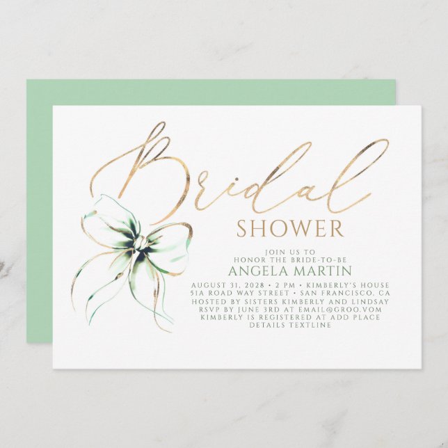 Convite Sage Green Bow Elegant Romantic Bridal Shower (Frente/Verso)