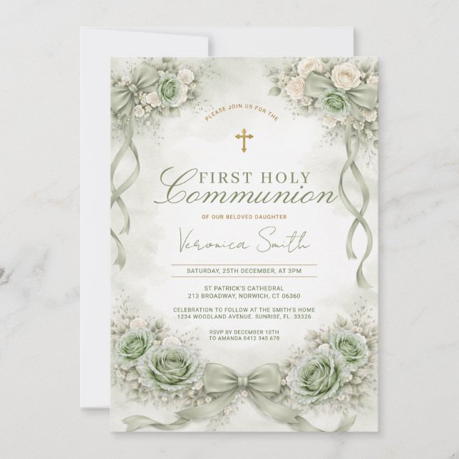 Convite Sage Green Bow Floral First Holy Communion (Frente)
