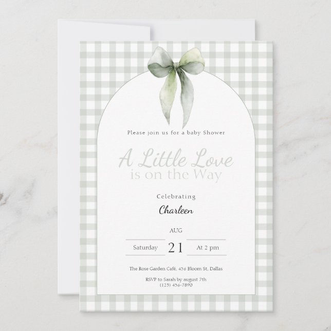 Convite Sage Green Bow Gingham Baby Shower (Frente)