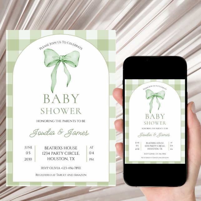 Convite sage green Bow Gingham Baby Shower Invitation (Criador carregado)