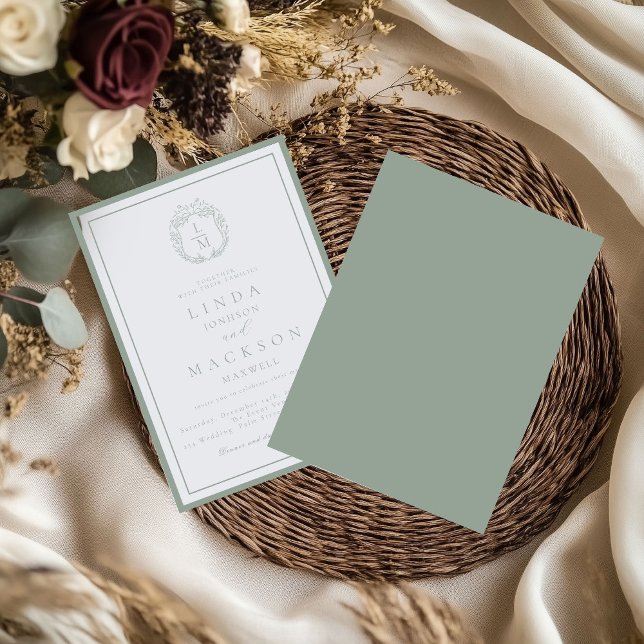 Convite Sage Green brasão botânico monograma casamento (Criador carregado)