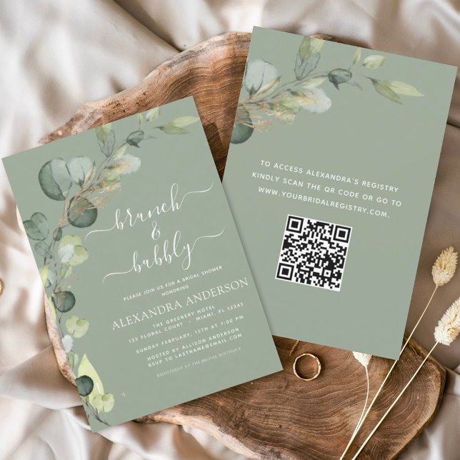 Convite Sage Green Brunch e Bubbles QR Code Eucalyptus (Criador carregado)