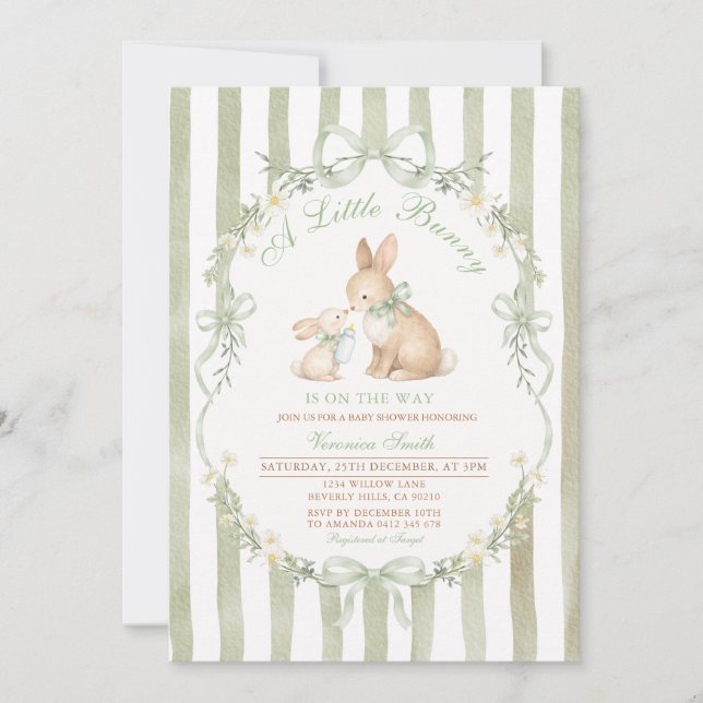 Convite Sage Green Bunny Baby Shower Boy Girl Invitation (Frente)