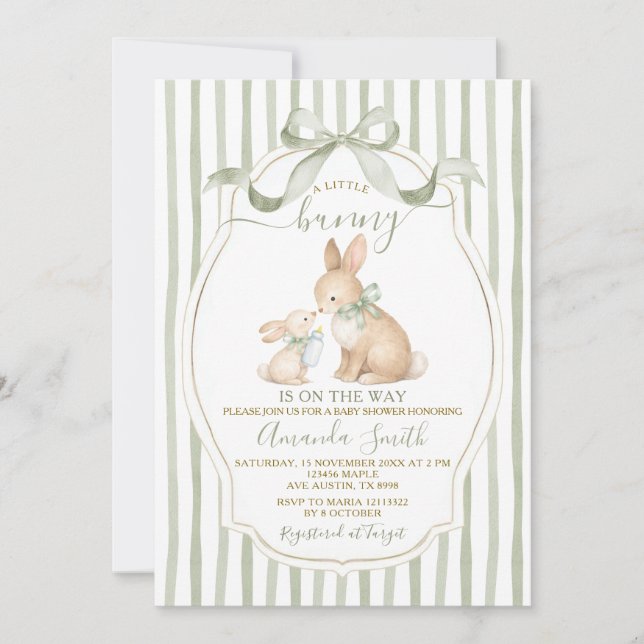 Convite Sage Green Bunny Baby Shower Dusty Green (Frente)