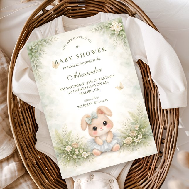Convite Sage Green Bunny Floral Baby Shower (Criador carregado)