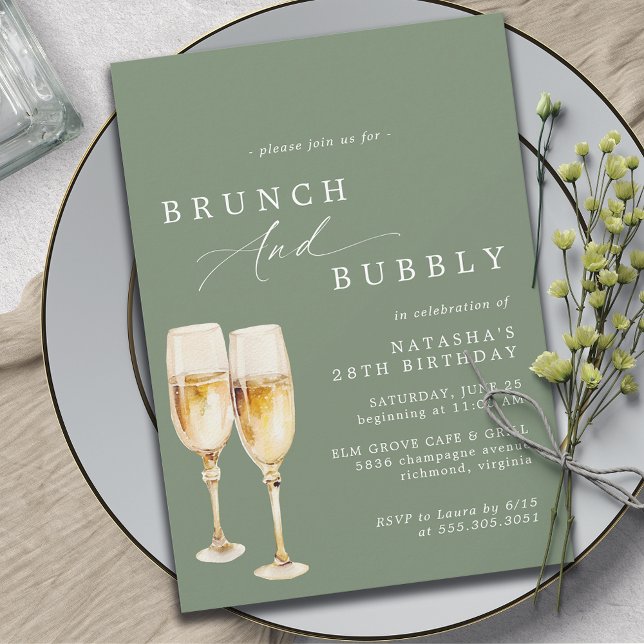 Convite Sage Green | Champanhe Aniversário Brunch e Bubble (Criador carregado)