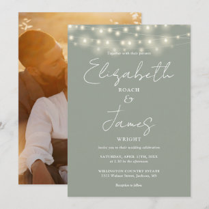 Convite Sage Green Chic String Lights Script Foto Casament