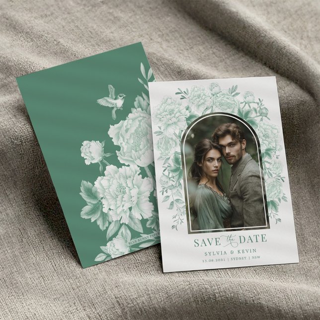 Convite Sage Green Chinoiserie Bird Peony Salve a Data (Criador carregado)