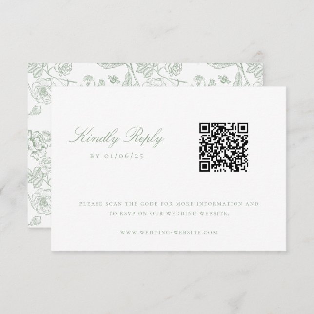 Convite Sage Green Chinoiserie Casamento QR Code RSVP (Frente/Verso)