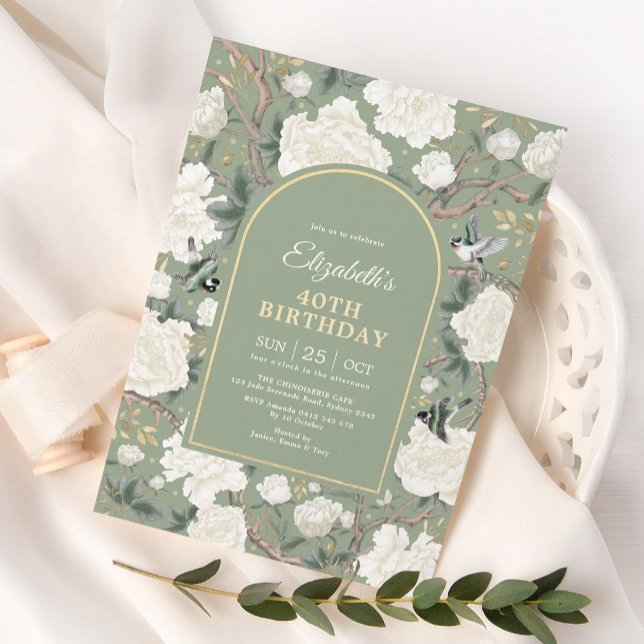 Convite Sage Green Chinoiserie Floral Women aniversário de (Criador carregado)