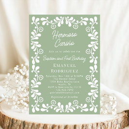 Convite Sage Green Cielito Lindo Batismo e Primeiro Aniver