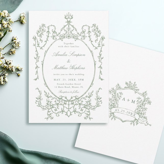 Convite Sage Green Classic Floral Frame Wedding            (Front & Back)
